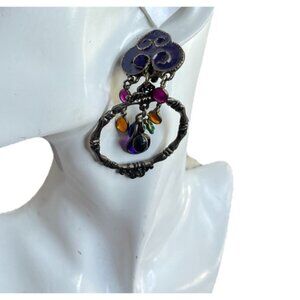 Vintage Brass Tone Open Vine Teardrop Chandelier Earrings with Multi Color Gems